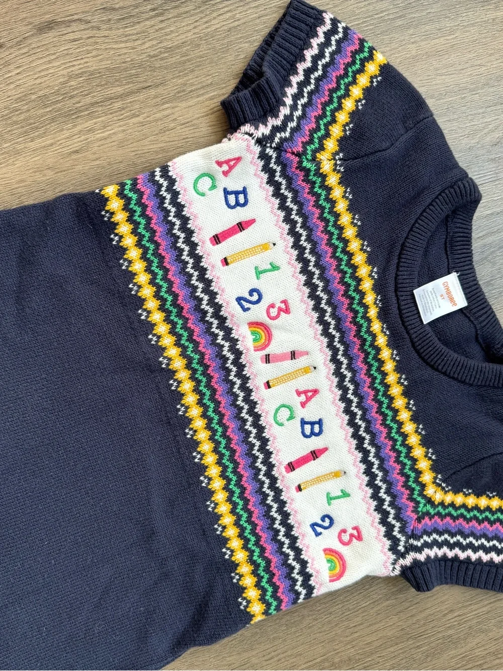 Gymboree 5T Navy Knit Dress with Back-to-School Motifs